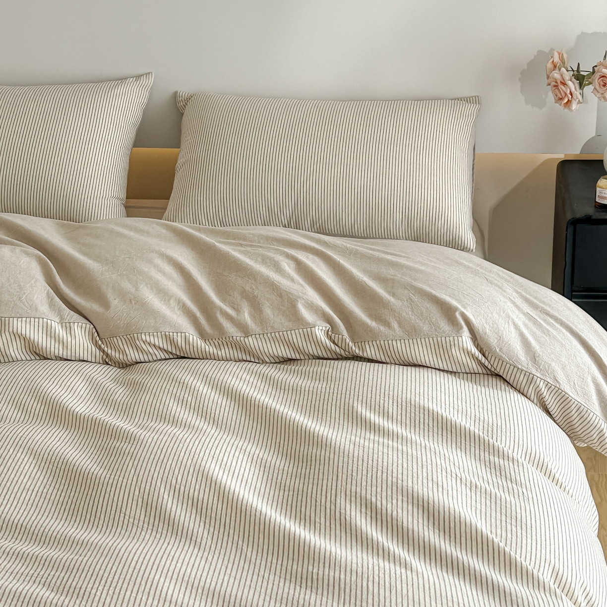 91家纺网 家纺一手货源 找家纺 ab家纺 2026新款条纹色织棉麻四件套 禾野-浅咖