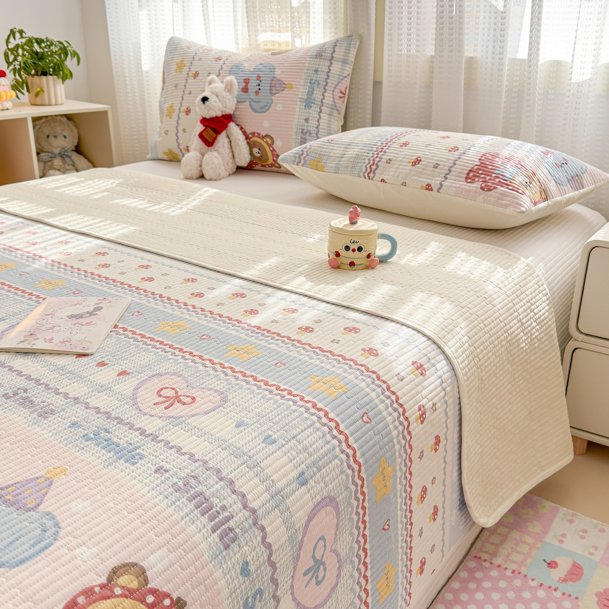 91家纺网 家纺一手货源 找家纺 妮可 2026新款热款花型印花全棉夹棉多功能床垫-床盖 童趣