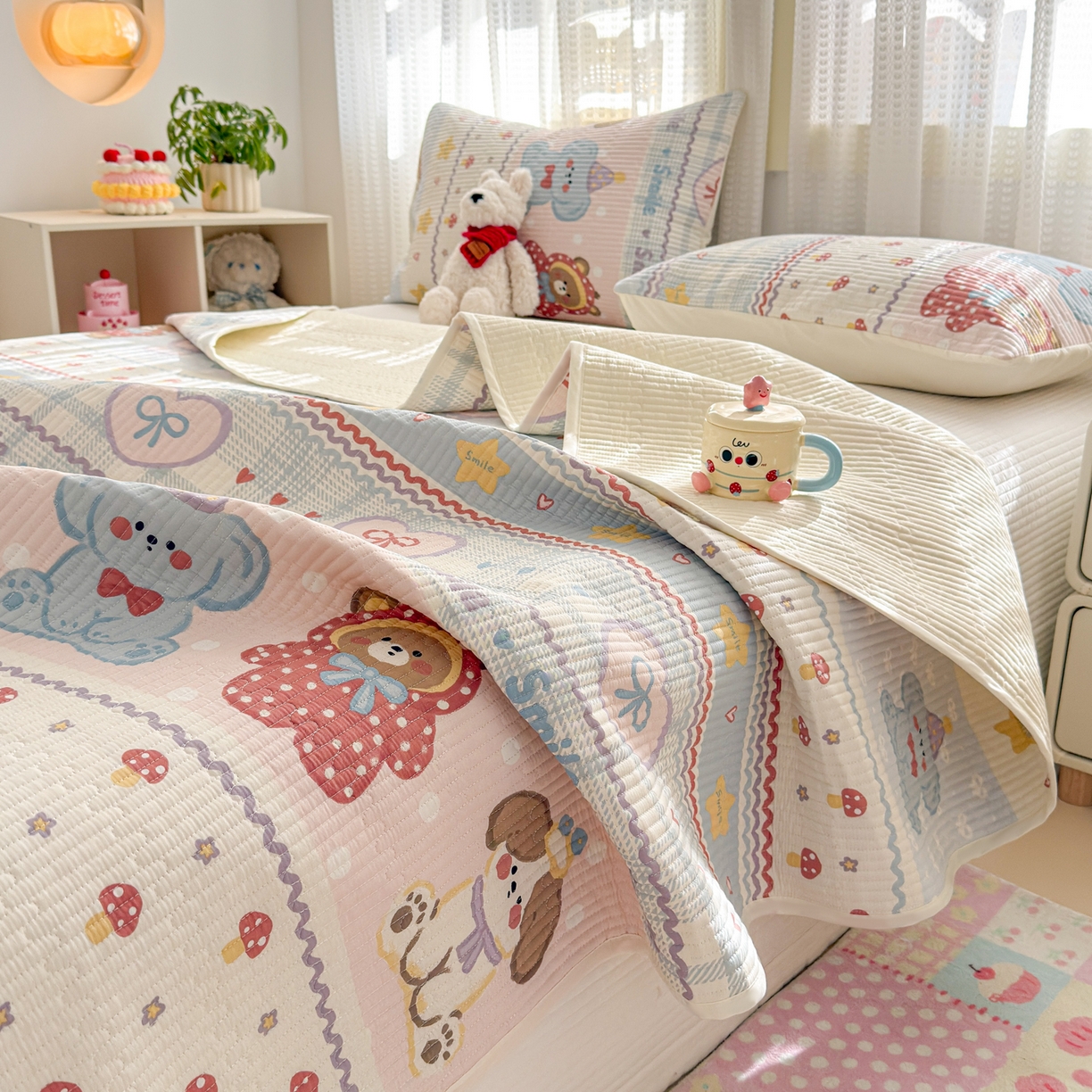 91家纺网 家纺一手货源 找家纺 妮可 2026新款热款花型印花全棉夹棉多功能床垫-床盖 童趣