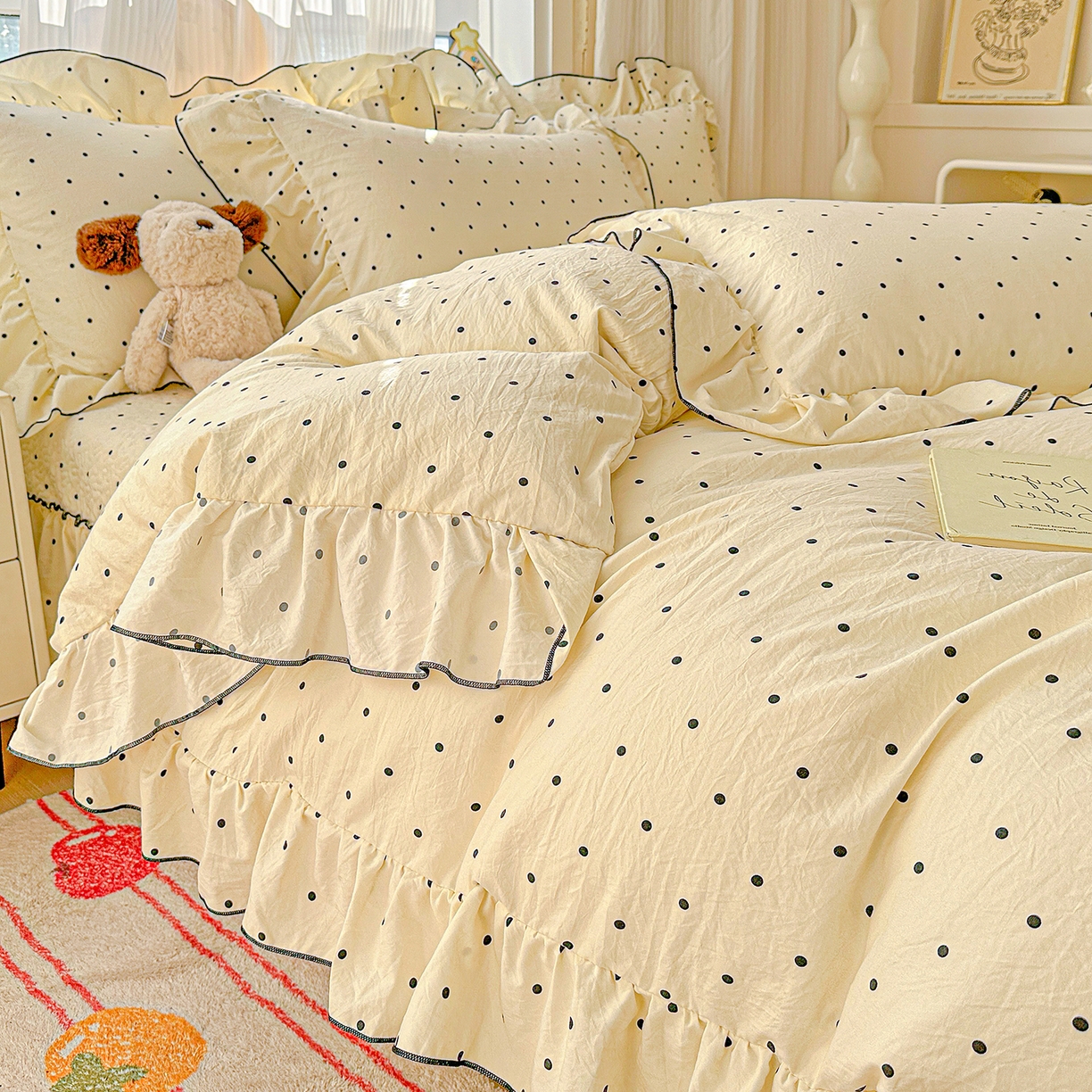 91家纺网 家纺一手货源 找家纺 家维家纺 2026新款(常年不断货）韩式双层花边复古棉感被子被芯 波点