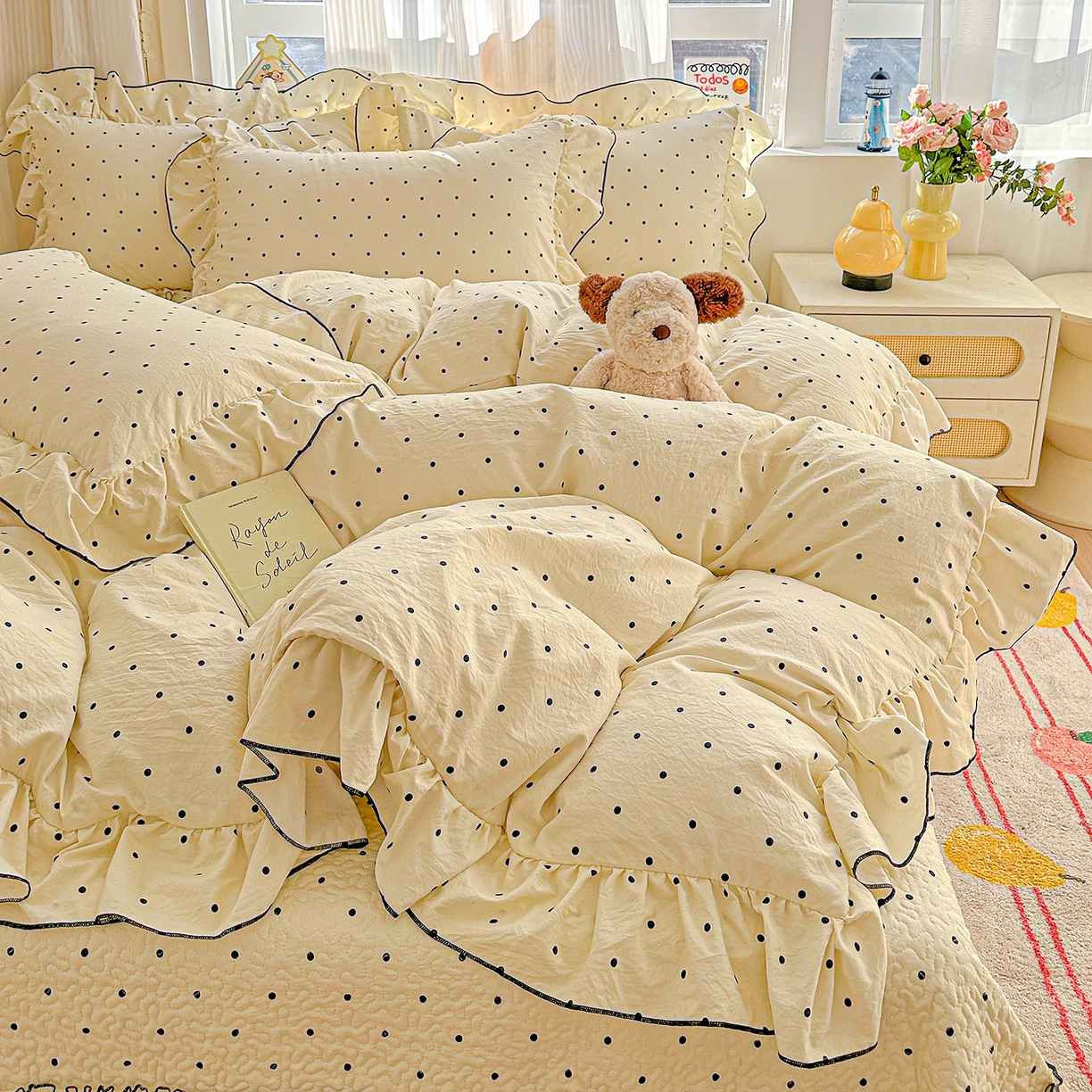 91家纺网 家纺一手货源 找家纺 家维家纺 2026新款(常年不断货）韩式双层花边复古棉感被子被芯 波点