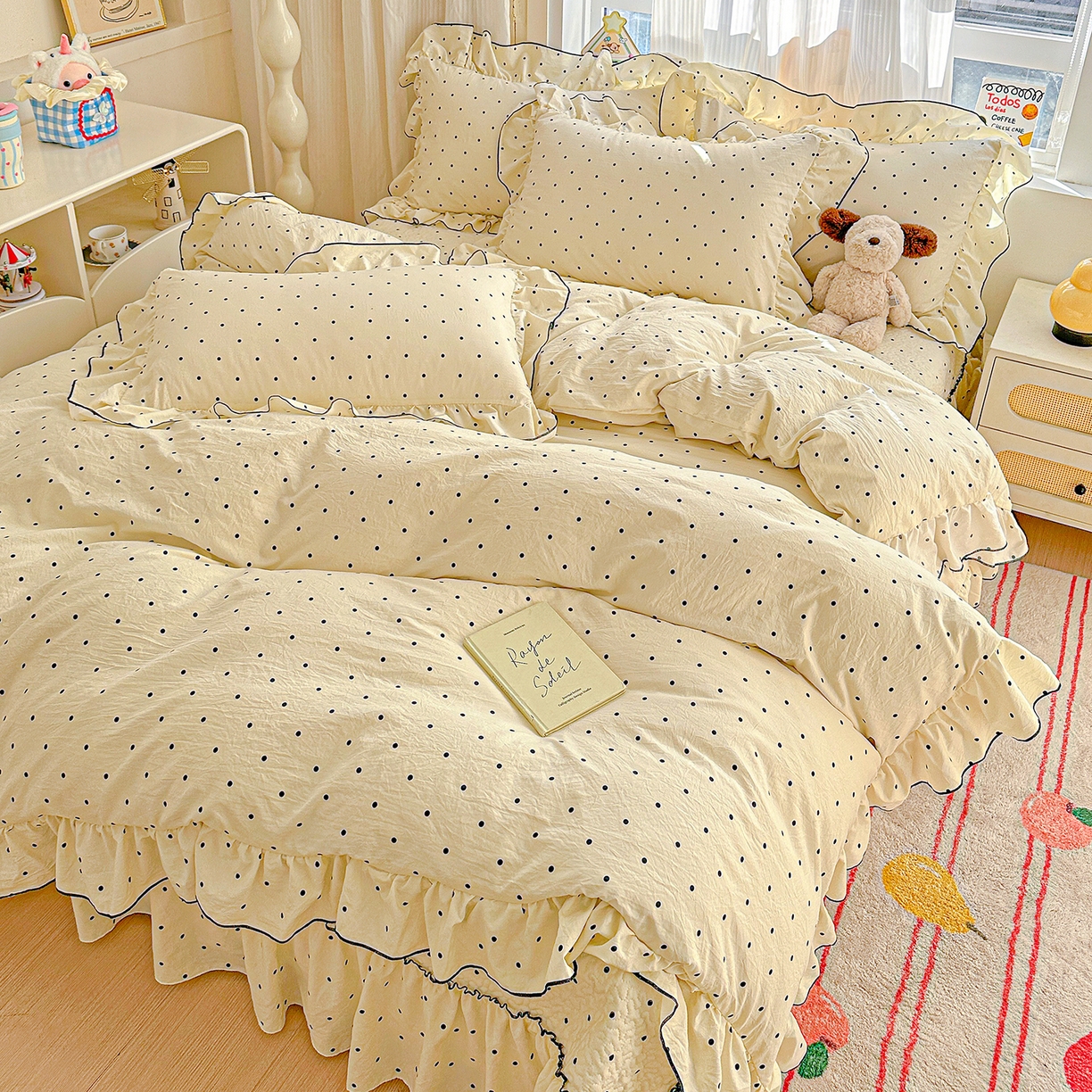 91家纺网 家纺一手货源 找家纺 家维家纺 2026新款(常年不断货）韩式双层花边复古棉感被子被芯 波点