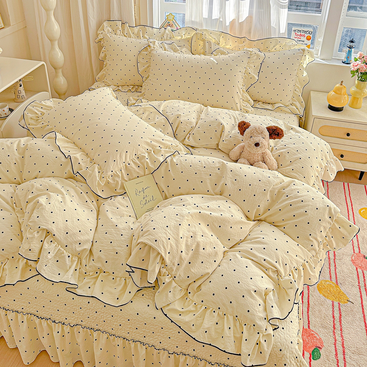 91家纺网 家纺一手货源 找家纺 家维家纺 2026新款(常年不断货）韩式双层花边复古棉感被子被芯 波点