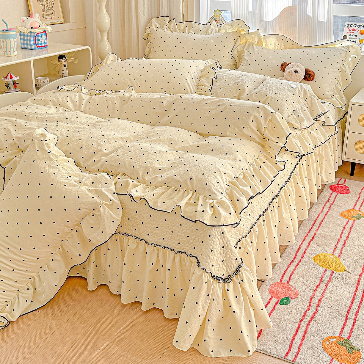 91家纺网 家纺一手货源 找家纺 家维家纺 2026新款(常年不断货）韩式双层花边复古棉感被子被芯 波点