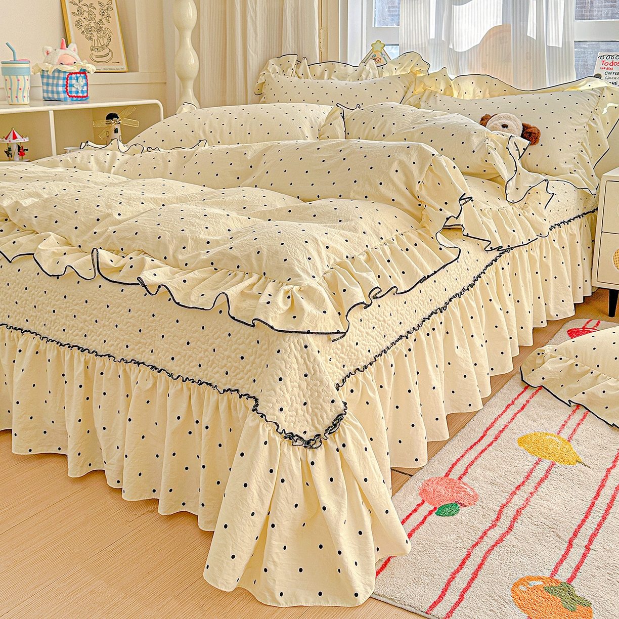 91家纺网 家纺一手货源 找家纺 家维家纺 2026新款(常年不断货）韩式双层花边复古棉感被子被芯 波点