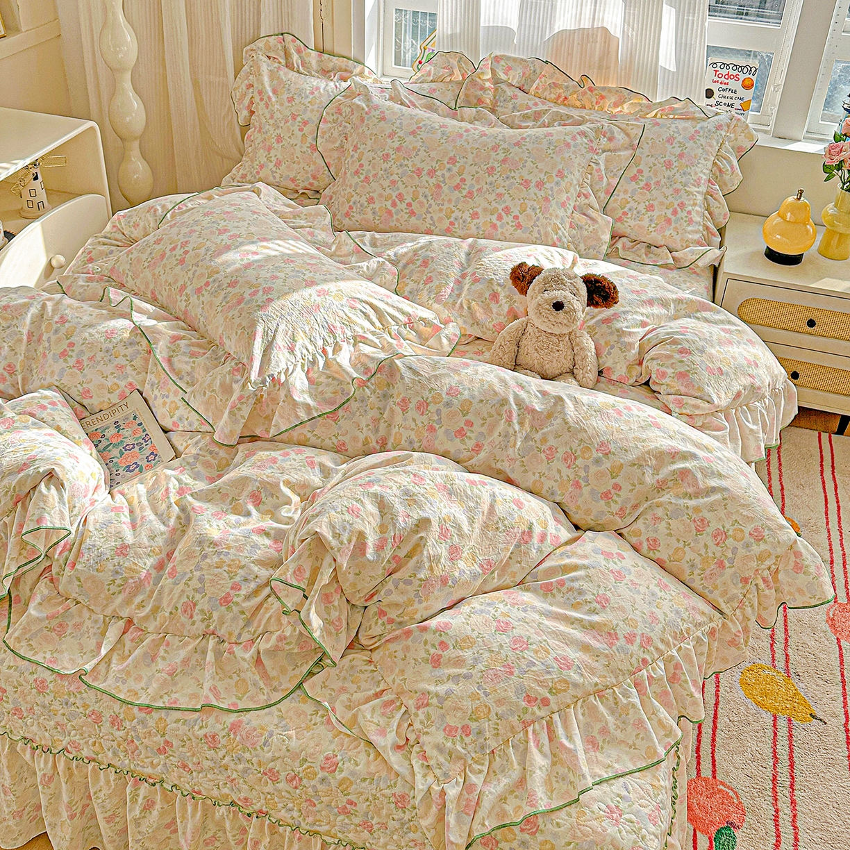 91家纺网 家纺一手货源 找家纺 家维家纺 2026新款(常年不断货）韩式双层花边复古棉感被子被芯 春日礼盒