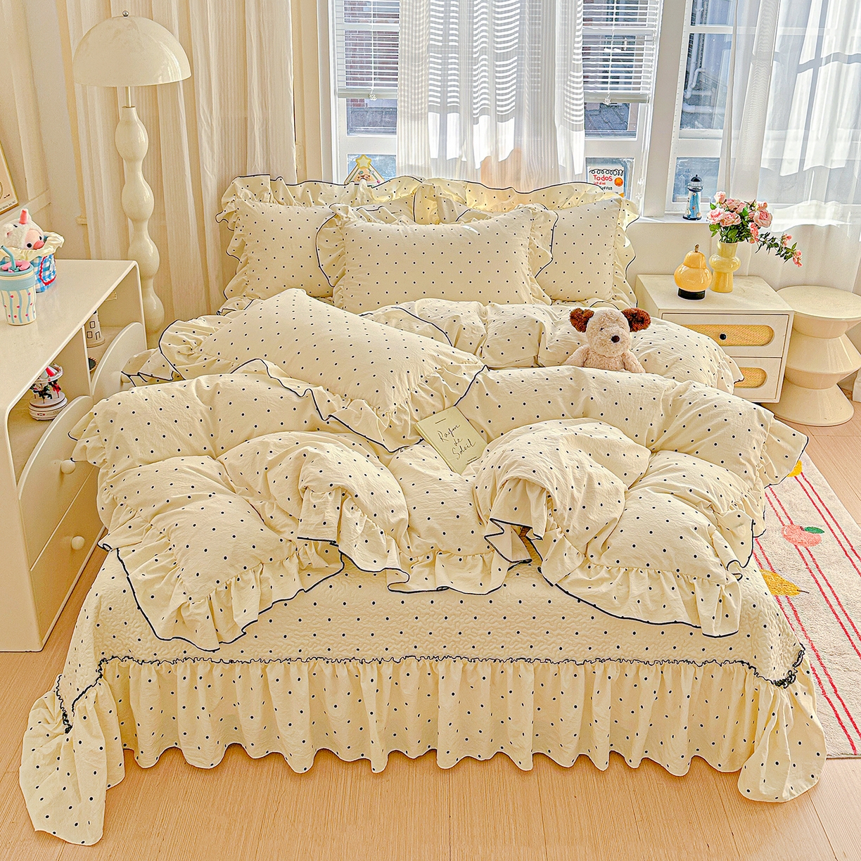 91家纺网 家纺一手货源 找家纺 家维家纺 2026新款(常年不断货）韩式双层花边复古棉感被子被芯 波点