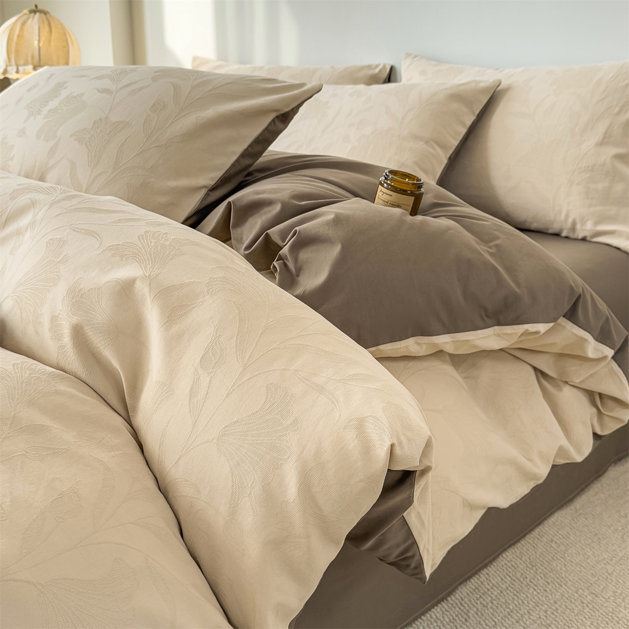 灰鲸 2026新款全棉纯棉厚织三层水洗色织提花四件套 芳菲-可可奶咖