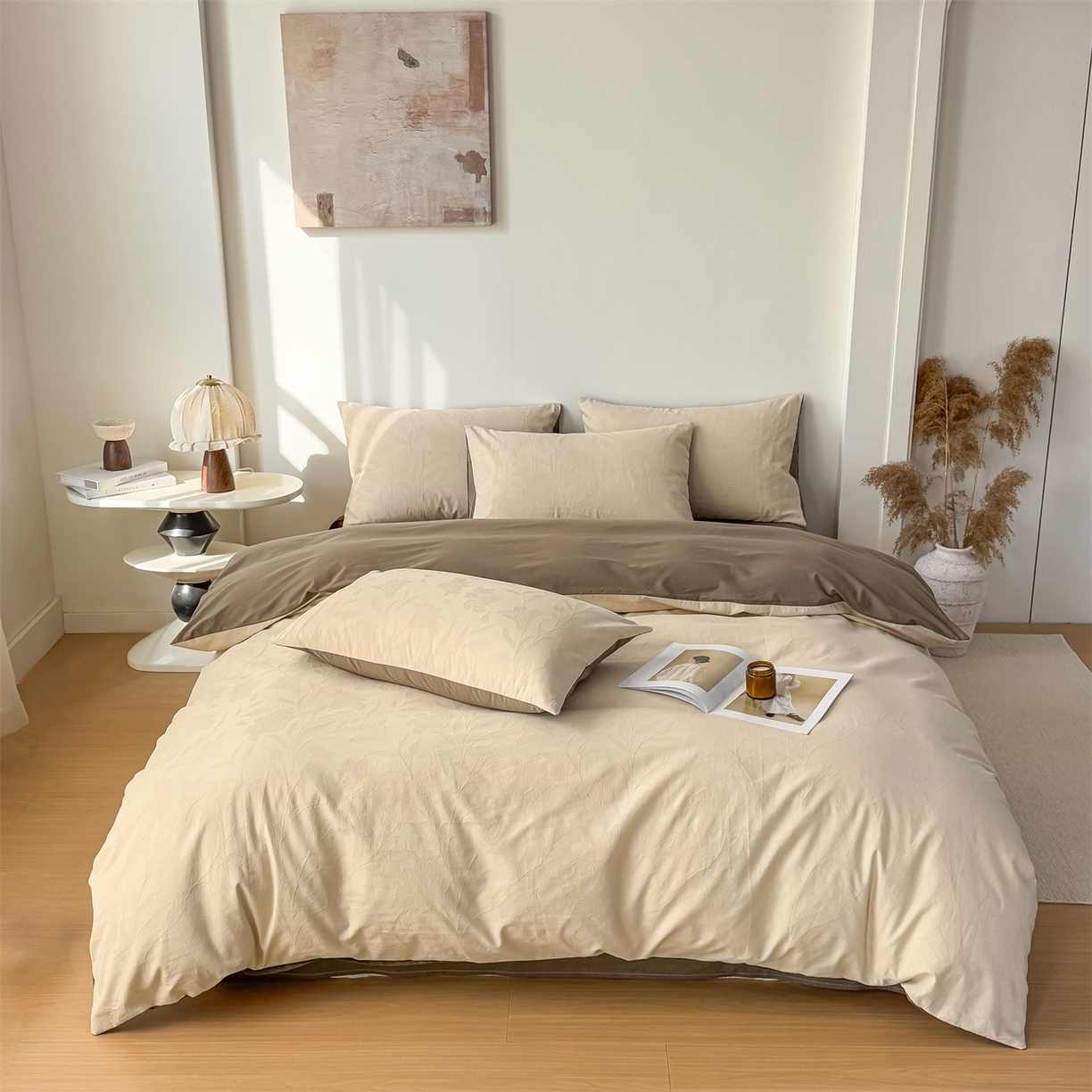 91家纺网 家纺一手货源 找家纺 灰鲸 2026新款全棉纯棉厚织三层水洗色织提花四件套 芳菲-可可奶咖