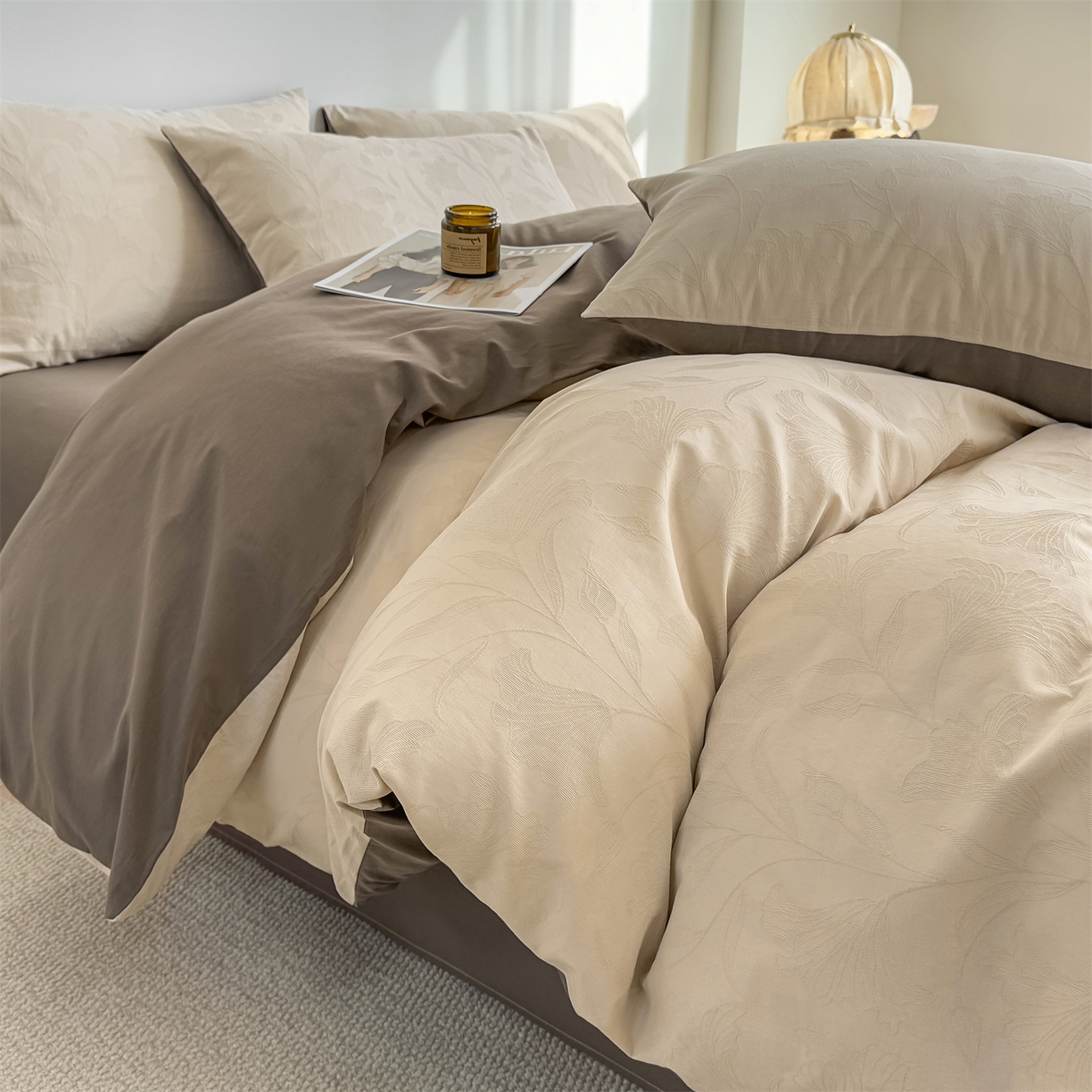 91家纺网 家纺一手货源 找家纺 灰鲸 2026新款全棉纯棉厚织三层水洗色织提花四件套 芳菲-可可奶咖