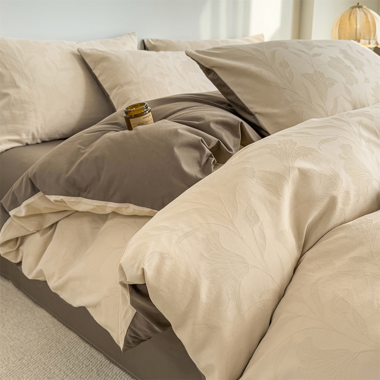 91家纺网 家纺一手货源 找家纺 灰鲸 2026新款全棉纯棉厚织三层水洗色织提花四件套 芳菲-可可奶咖