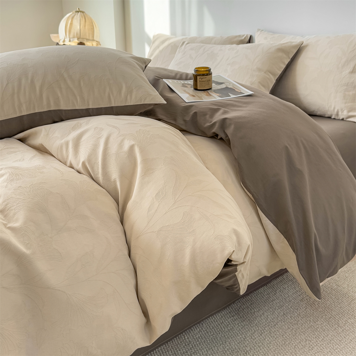 91家纺网 家纺一手货源 找家纺 灰鲸 2026新款全棉纯棉厚织三层水洗色织提花四件套 芳菲-可可奶咖