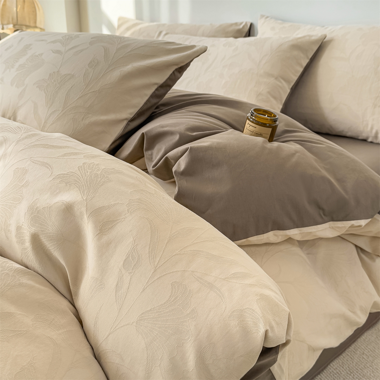 91家纺网 家纺一手货源 找家纺 灰鲸 2026新款全棉纯棉厚织三层水洗色织提花四件套 芳菲-可可奶咖