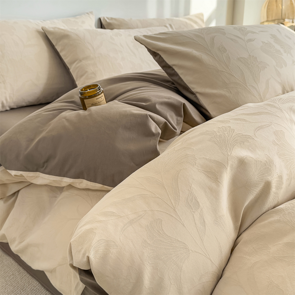 91家纺网 家纺一手货源 找家纺 灰鲸 2026新款全棉纯棉厚织三层水洗色织提花四件套 芳菲-可可奶咖