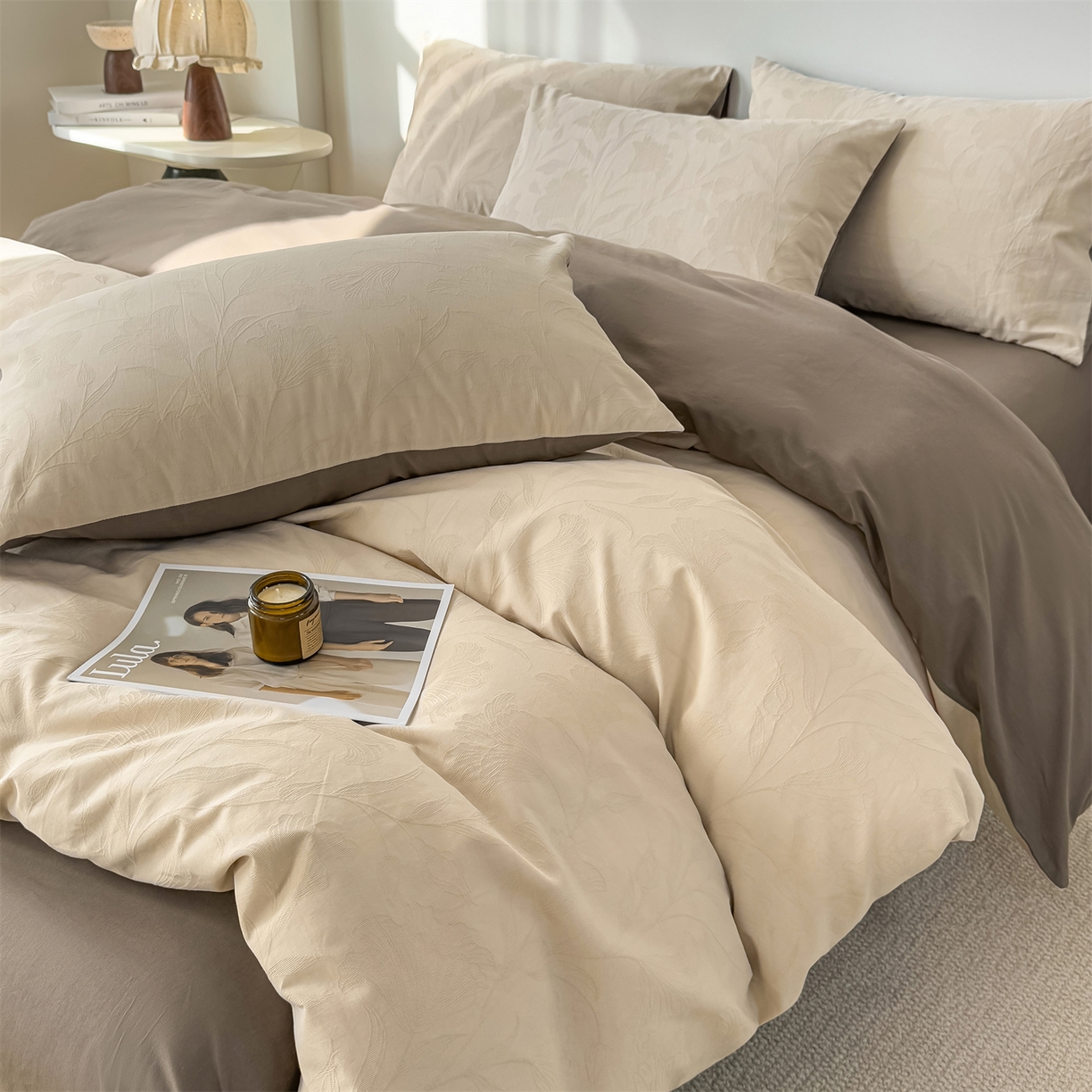 91家纺网 家纺一手货源 找家纺 灰鲸 2026新款全棉纯棉厚织三层水洗色织提花四件套 芳菲-可可奶咖