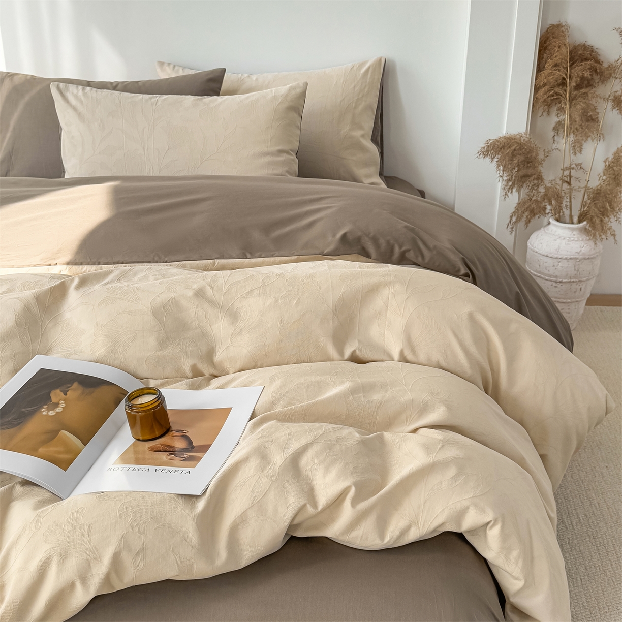 91家纺网 家纺一手货源 找家纺 灰鲸 2026新款全棉纯棉厚织三层水洗色织提花四件套 芳菲-可可奶咖