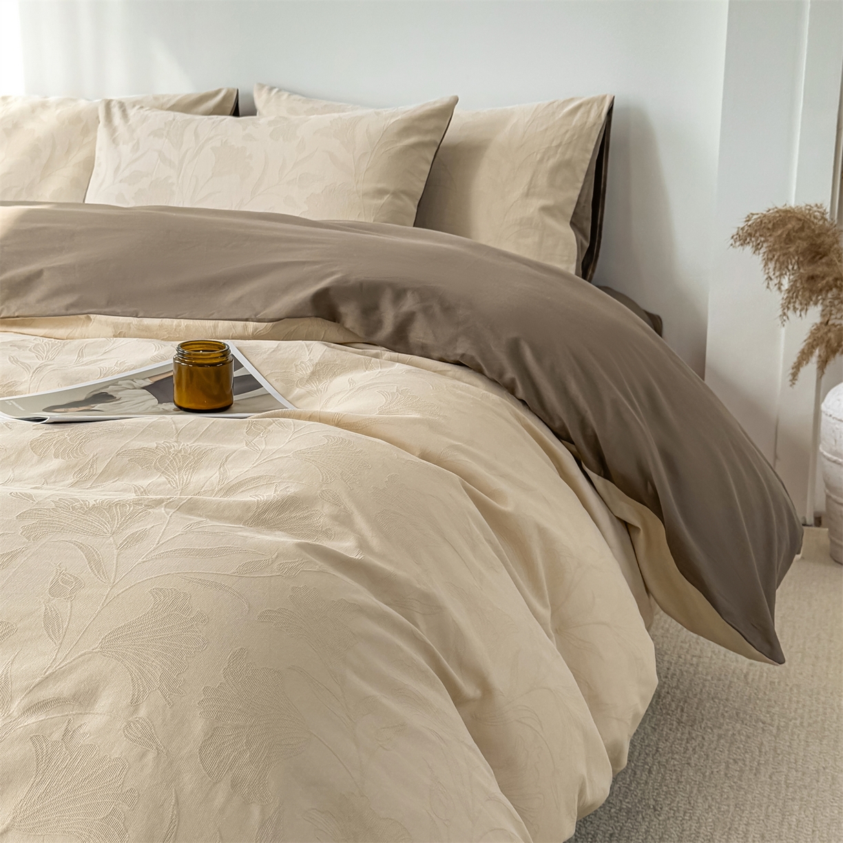 91家纺网 家纺一手货源 找家纺 灰鲸 2026新款全棉纯棉厚织三层水洗色织提花四件套 芳菲-可可奶咖