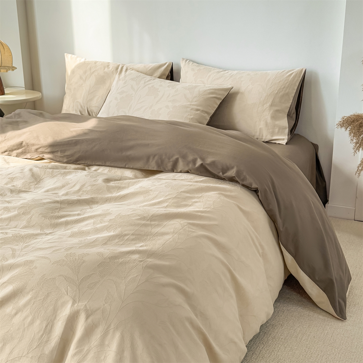 91家纺网 家纺一手货源 找家纺 灰鲸 2026新款全棉纯棉厚织三层水洗色织提花四件套 芳菲-可可奶咖