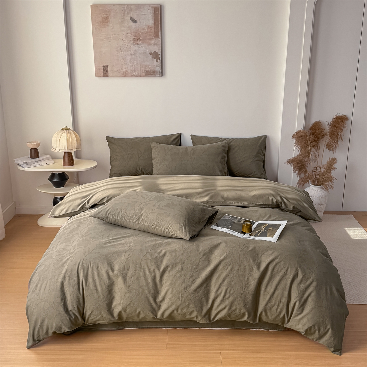 91家纺网 家纺一手货源 找家纺 灰鲸 2026新款全棉纯棉厚织三层水洗色织提花四件套 芳菲-摩卡