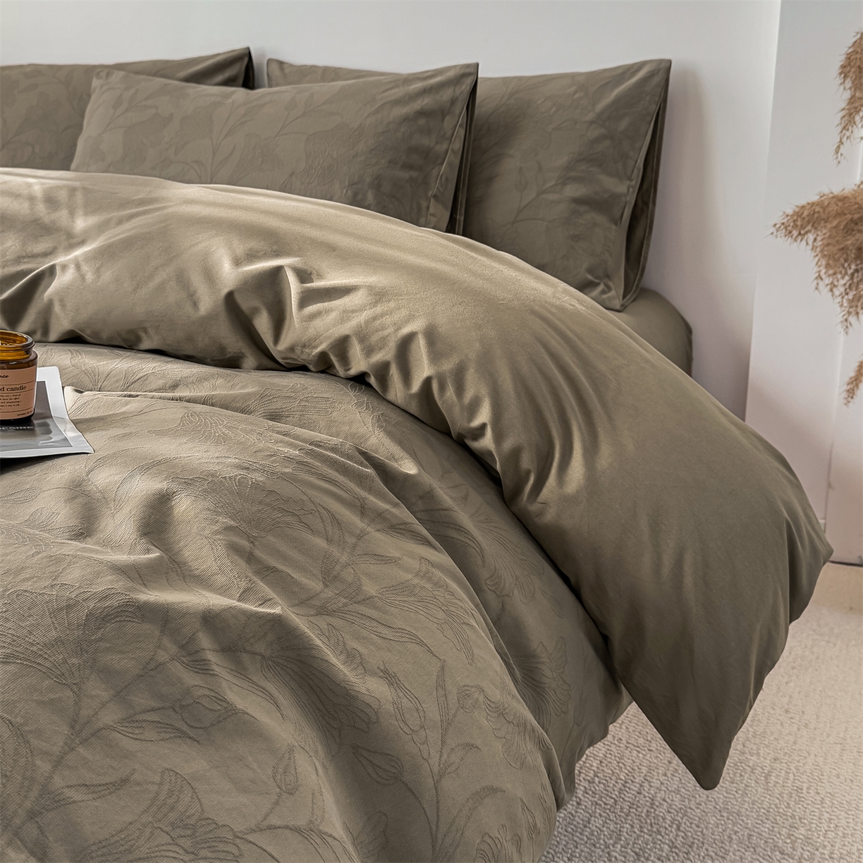 91家纺网 家纺一手货源 找家纺 灰鲸 2026新款全棉纯棉厚织三层水洗色织提花四件套 芳菲-摩卡