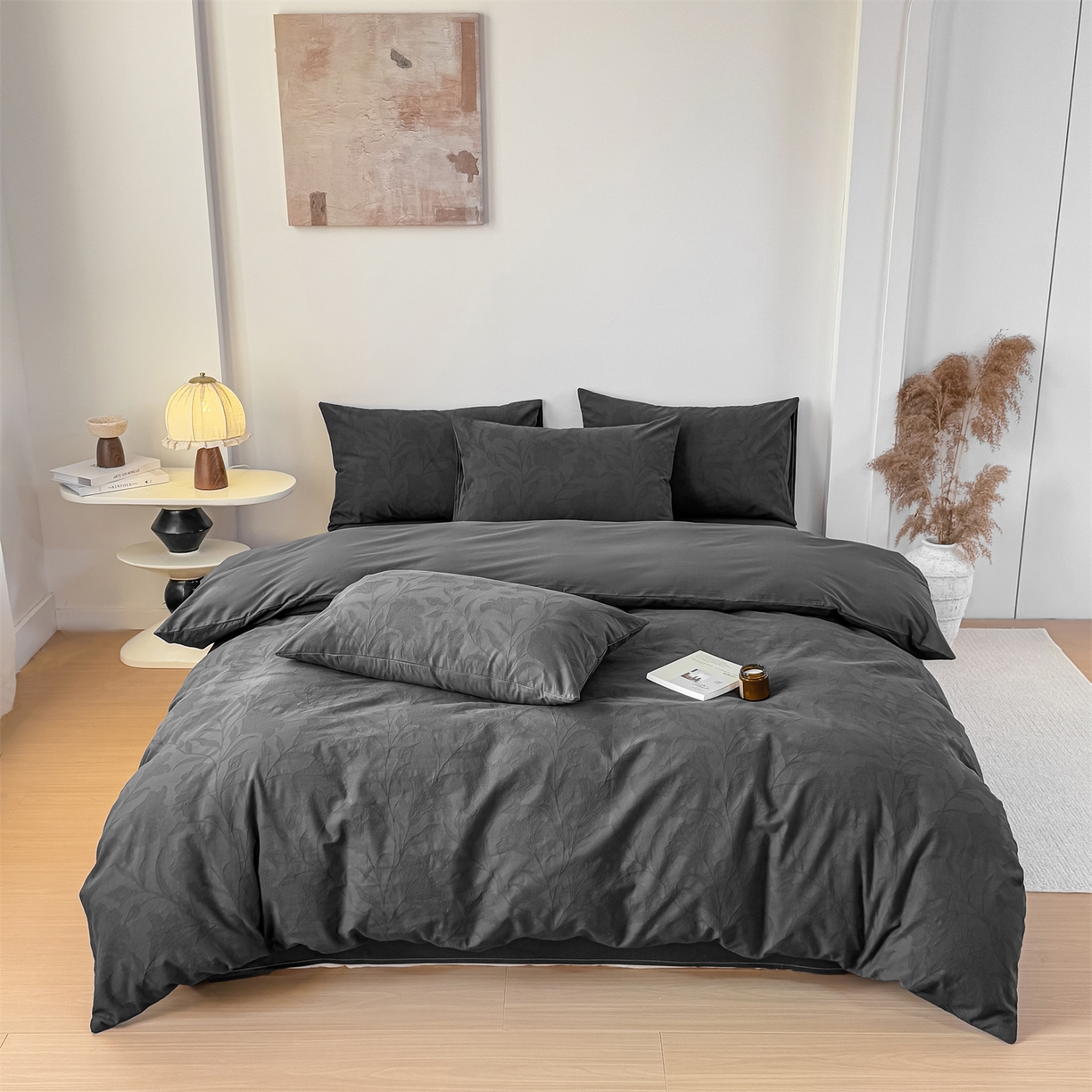 91家纺网 家纺一手货源 找家纺 灰鲸 2026新款全棉纯棉厚织三层水洗色织提花四件套 芳菲-素墨