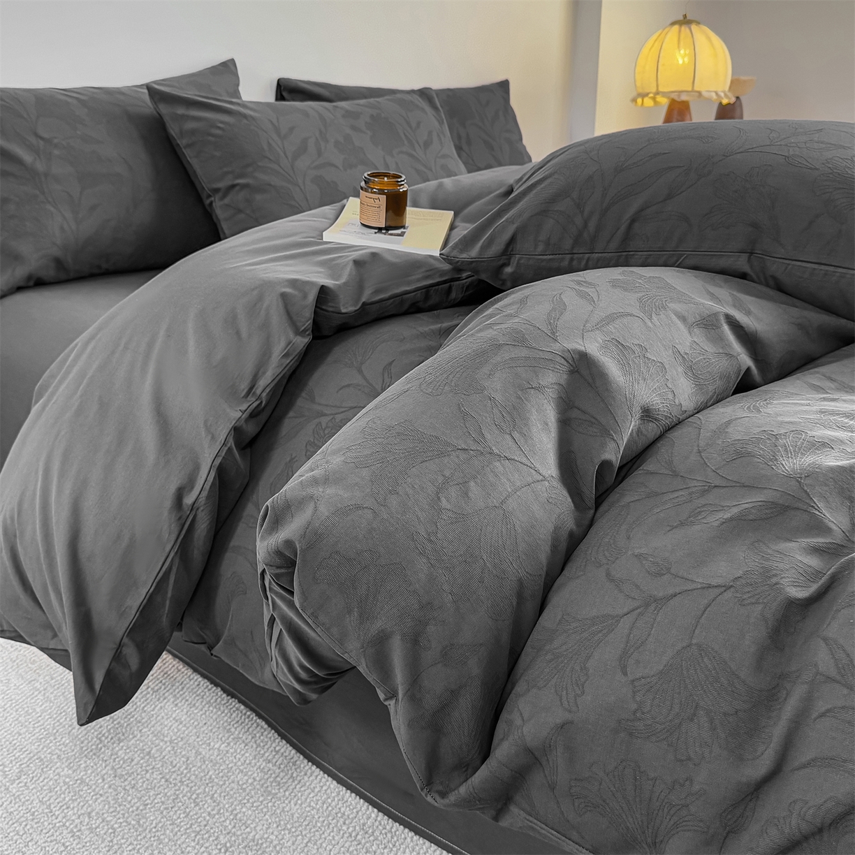 91家纺网 家纺一手货源 找家纺 灰鲸 2026新款全棉纯棉厚织三层水洗色织提花四件套 芳菲-素墨