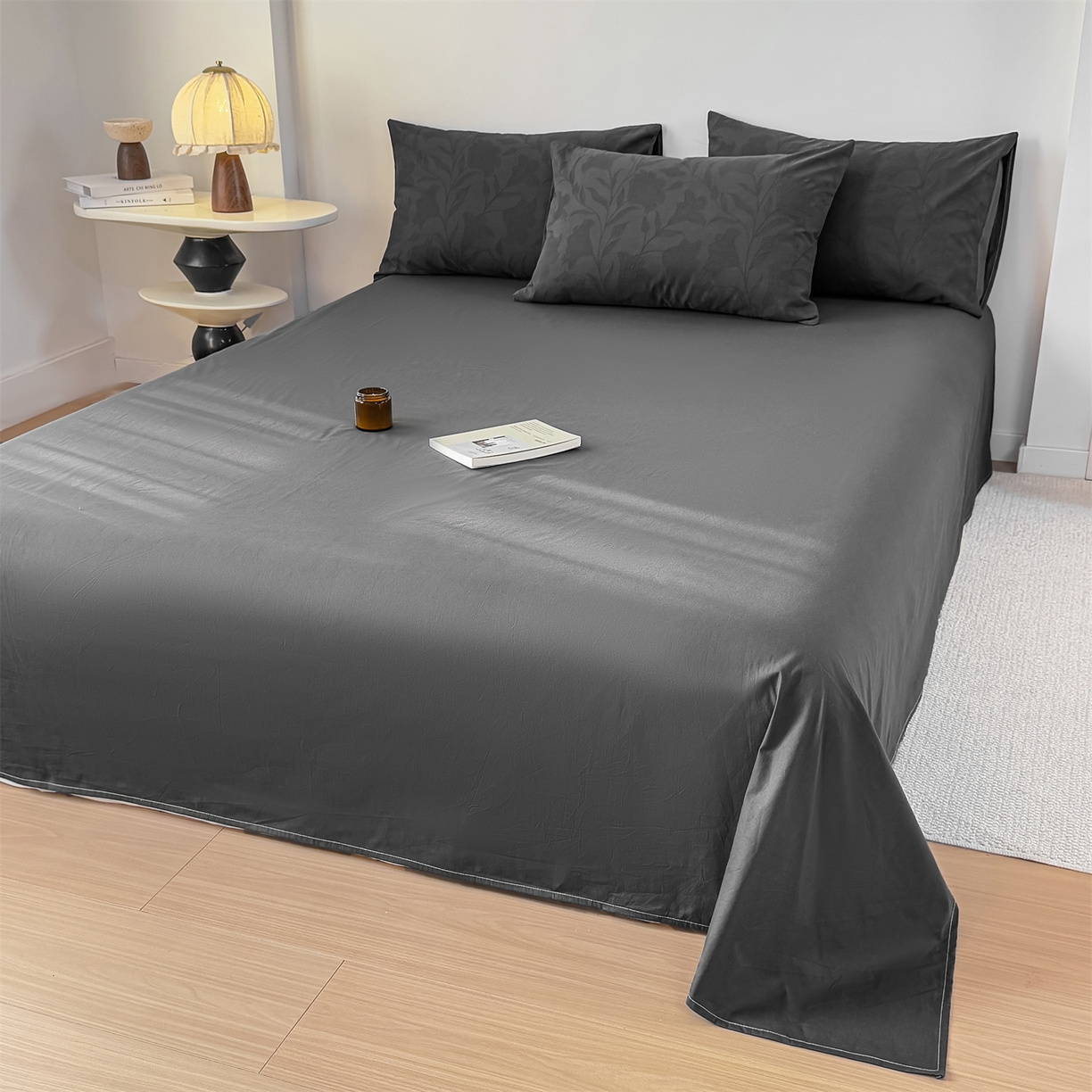 91家纺网 家纺一手货源 找家纺 灰鲸 2026新款全棉纯棉厚织三层水洗色织提花四件套 芳菲-素墨