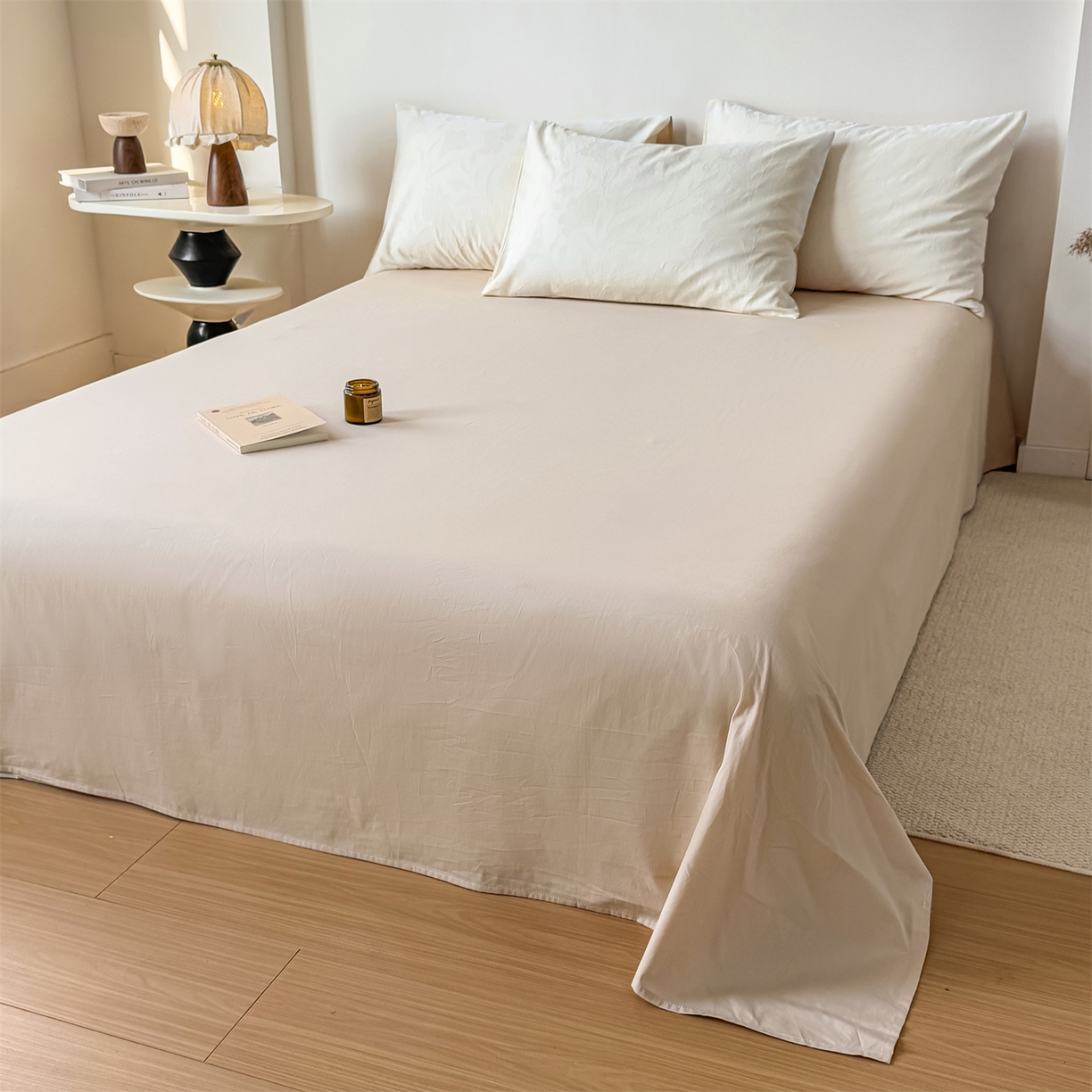 91家纺网 家纺一手货源 找家纺 灰鲸 2026新款全棉纯棉厚织三层水洗色织提花四件套 芳菲-杏仁奶霜