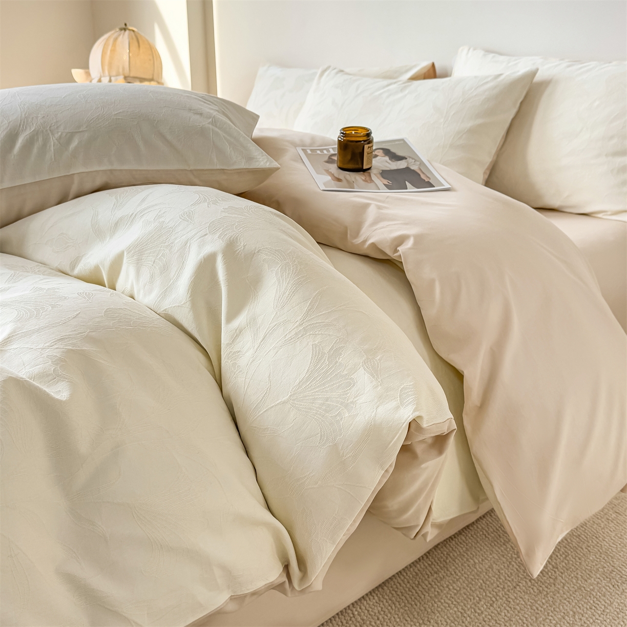 91家纺网 家纺一手货源 找家纺 灰鲸 2026新款全棉纯棉厚织三层水洗色织提花四件套 芳菲-杏仁奶霜