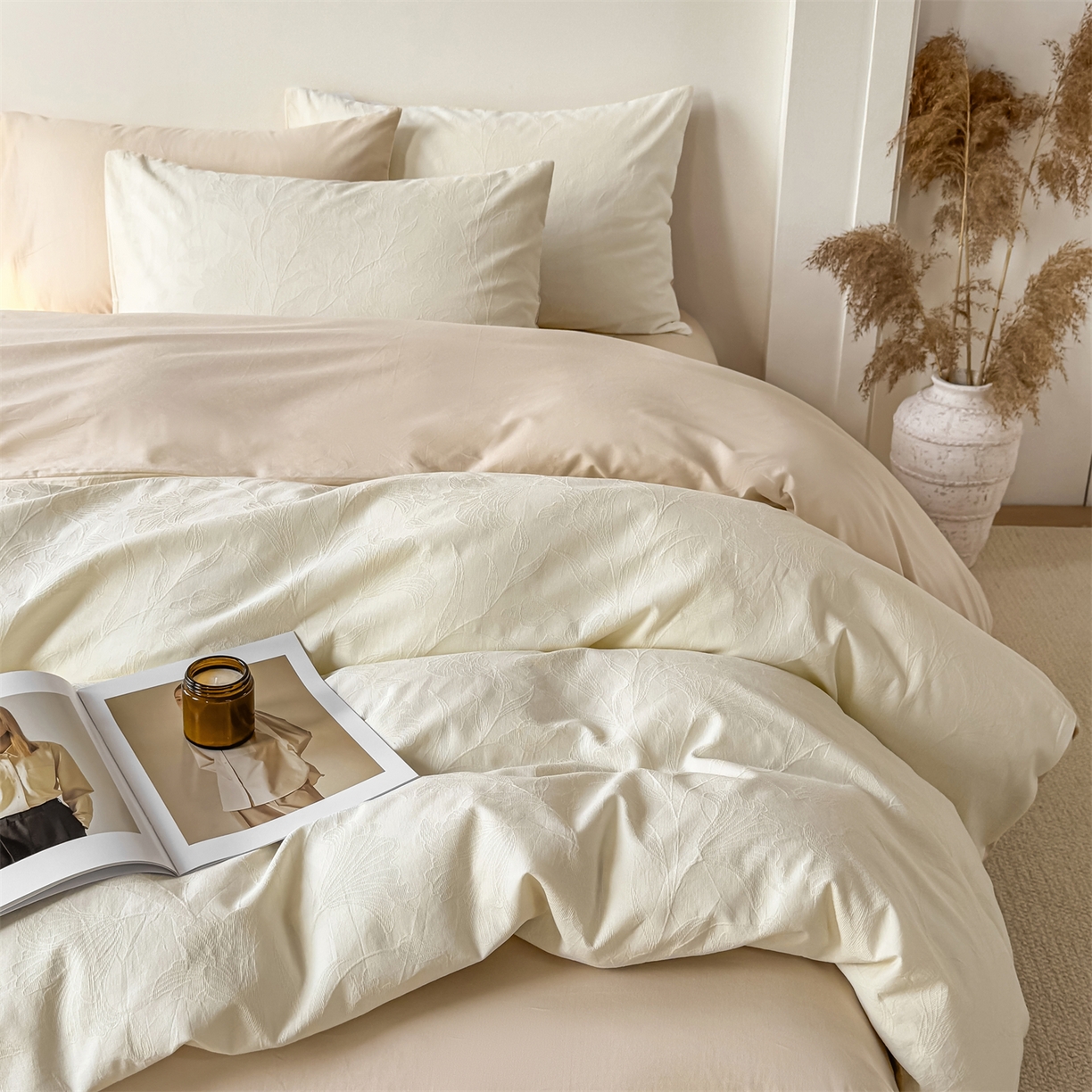 91家纺网 家纺一手货源 找家纺 灰鲸 2026新款全棉纯棉厚织三层水洗色织提花四件套 芳菲-杏仁奶霜