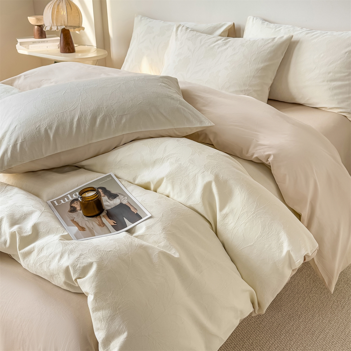 91家纺网 家纺一手货源 找家纺 灰鲸 2026新款全棉纯棉厚织三层水洗色织提花四件套 芳菲-杏仁奶霜