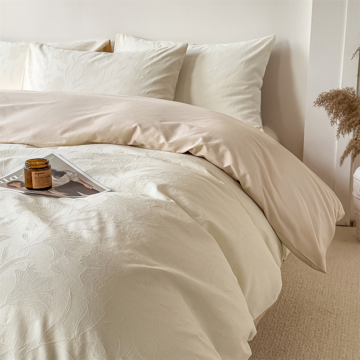 91家纺网 家纺一手货源 找家纺 灰鲸 2026新款全棉纯棉厚织三层水洗色织提花四件套 芳菲-杏仁奶霜