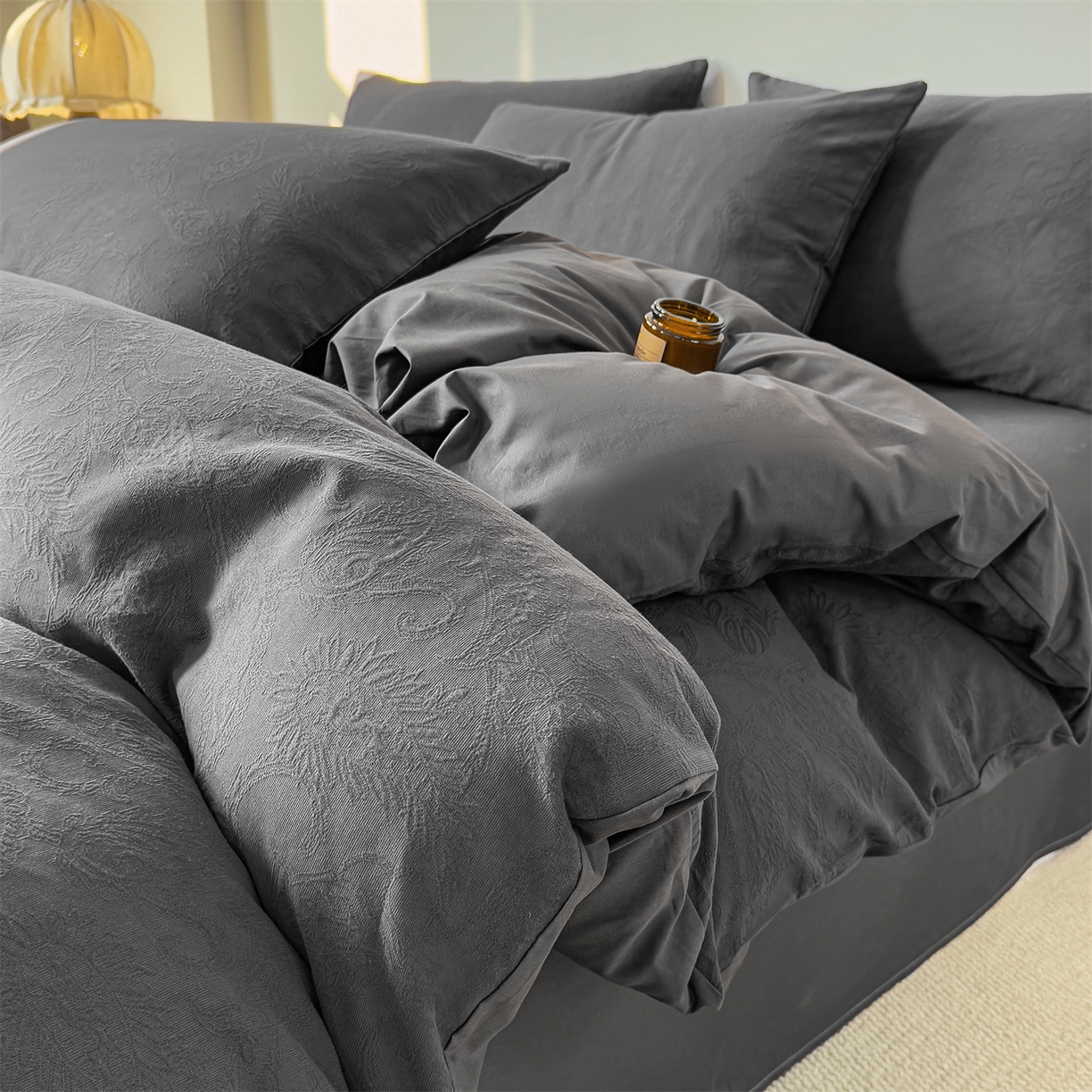 灰鲸 2026新款全棉纯棉厚织三层水洗色织提花四件套 罗格西亚-素墨