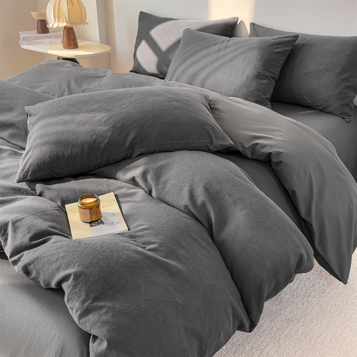 91家纺网 家纺一手货源 找家纺 灰鲸 2026新款全棉纯棉厚织三层水洗色织提花四件套 罗格西亚-素墨