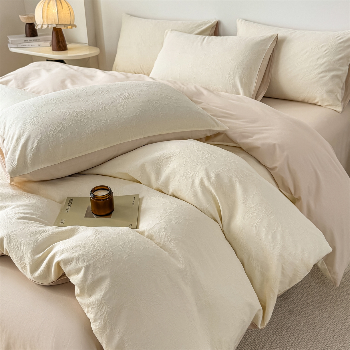 91家纺网 家纺一手货源 找家纺 灰鲸 2026新款全棉纯棉厚织三层水洗色织提花四件套 罗格西亚-杏仁奶霜