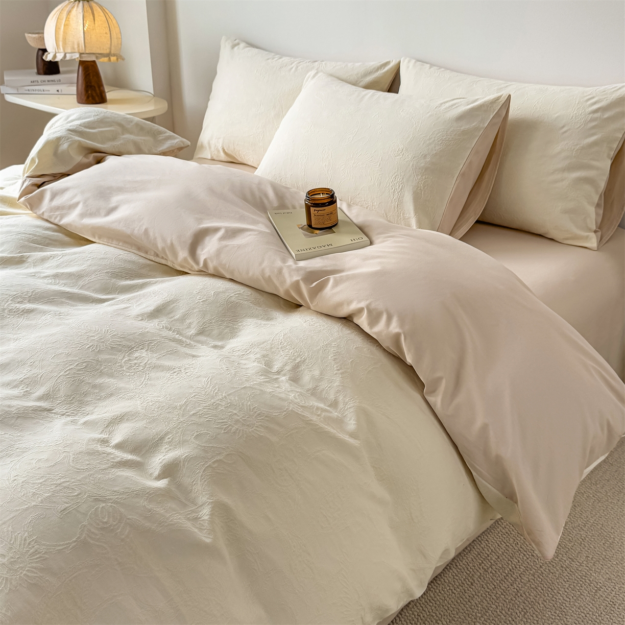 91家纺网 家纺一手货源 找家纺 灰鲸 2026新款全棉纯棉厚织三层水洗色织提花四件套 罗格西亚-杏仁奶霜