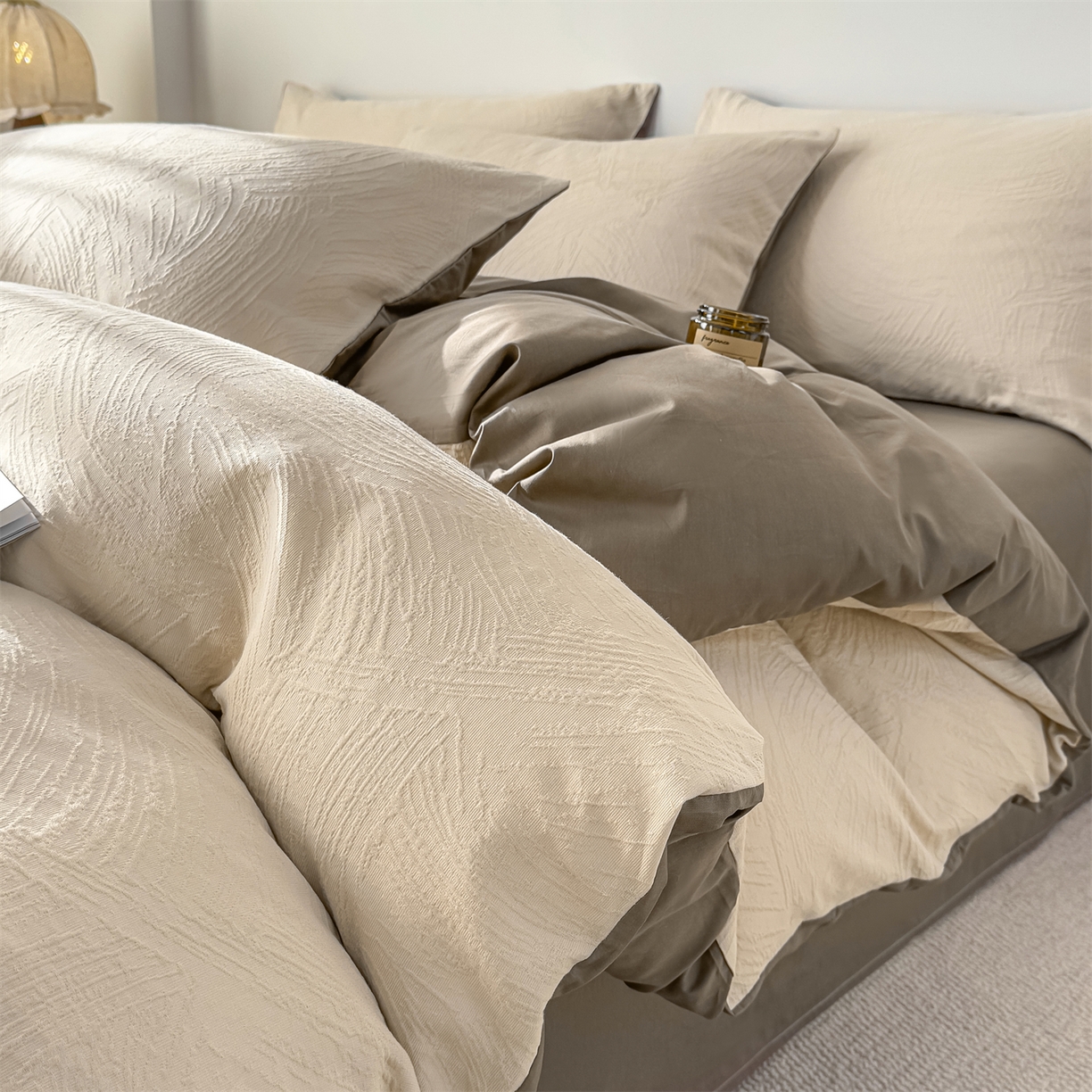 灰鲸 2026新款全棉纯棉厚织三层水洗色织提花四件套 柔丝漫语-可可奶咖