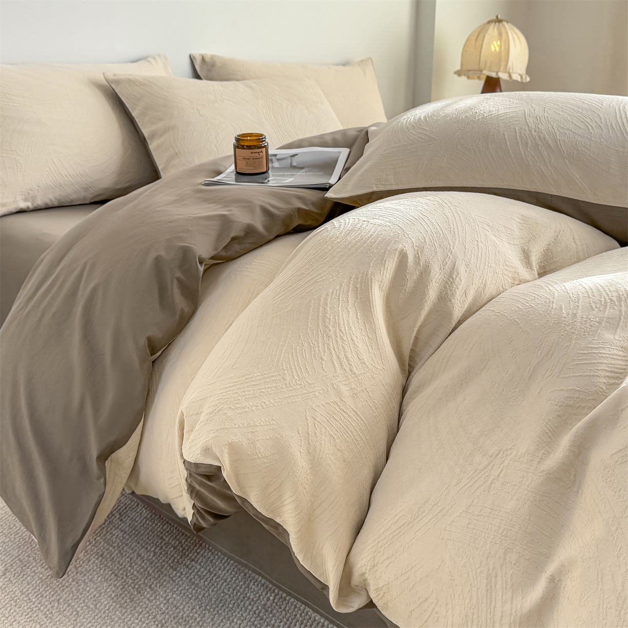 91家纺网 家纺一手货源 找家纺 灰鲸 2026新款全棉纯棉厚织三层水洗色织提花四件套 柔丝漫语-可可奶咖