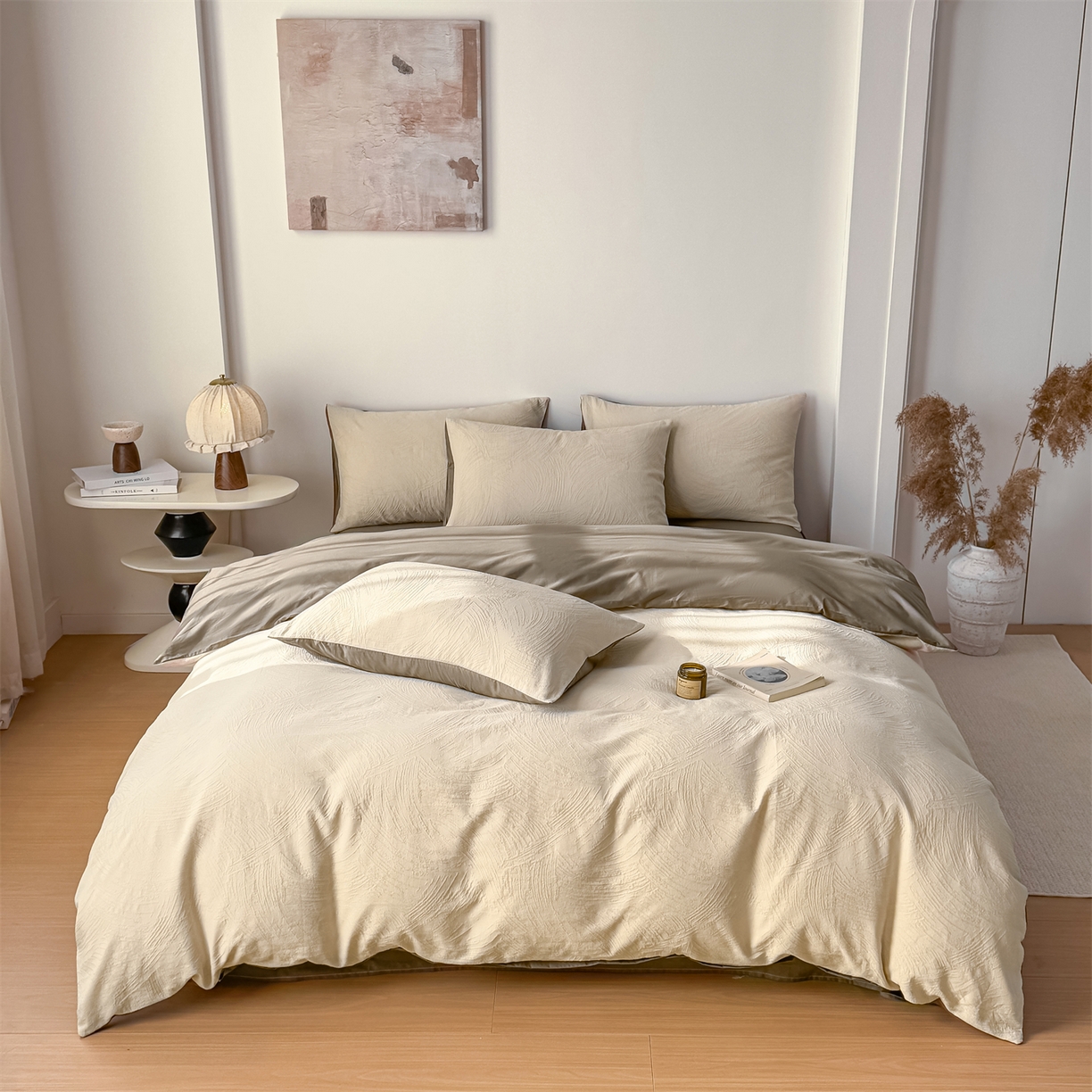 91家纺网 家纺一手货源 找家纺 灰鲸 2026新款全棉纯棉厚织三层水洗色织提花四件套 柔丝漫语-可可奶咖