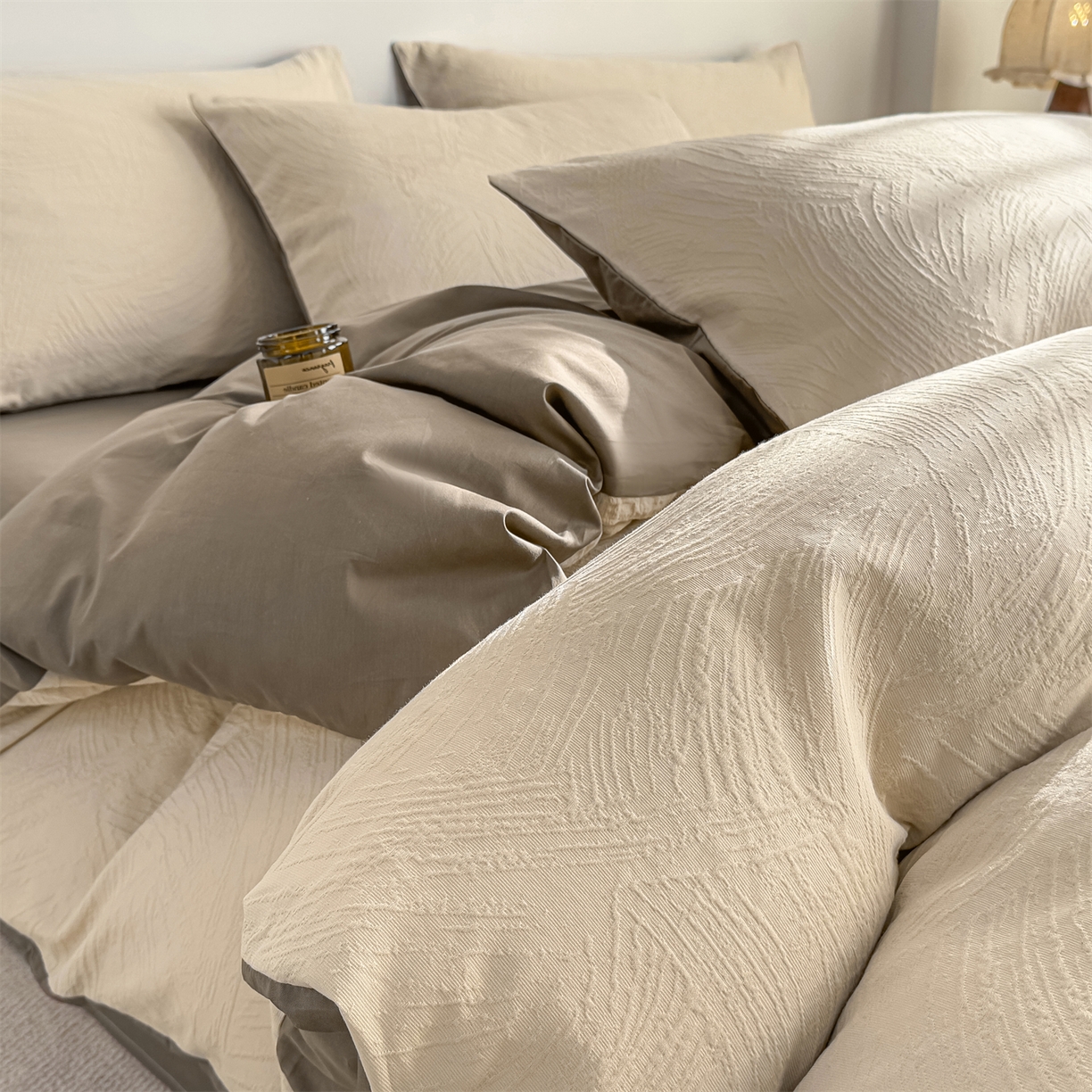 91家纺网 家纺一手货源 找家纺 灰鲸 2026新款全棉纯棉厚织三层水洗色织提花四件套 柔丝漫语-可可奶咖