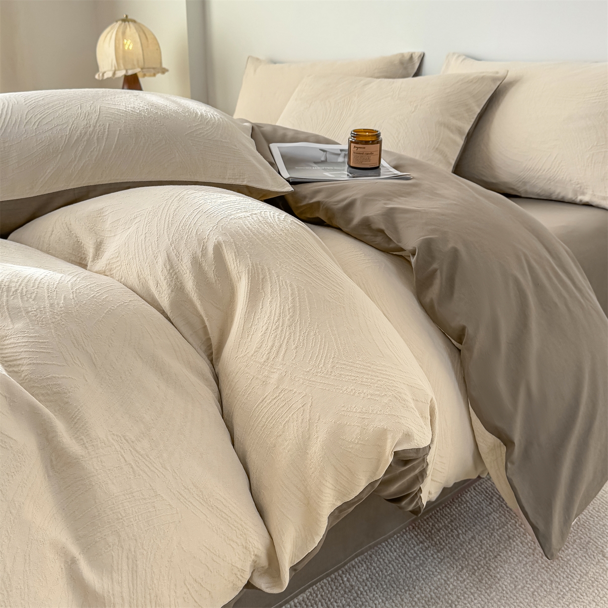 91家纺网 家纺一手货源 找家纺 灰鲸 2026新款全棉纯棉厚织三层水洗色织提花四件套 柔丝漫语-可可奶咖