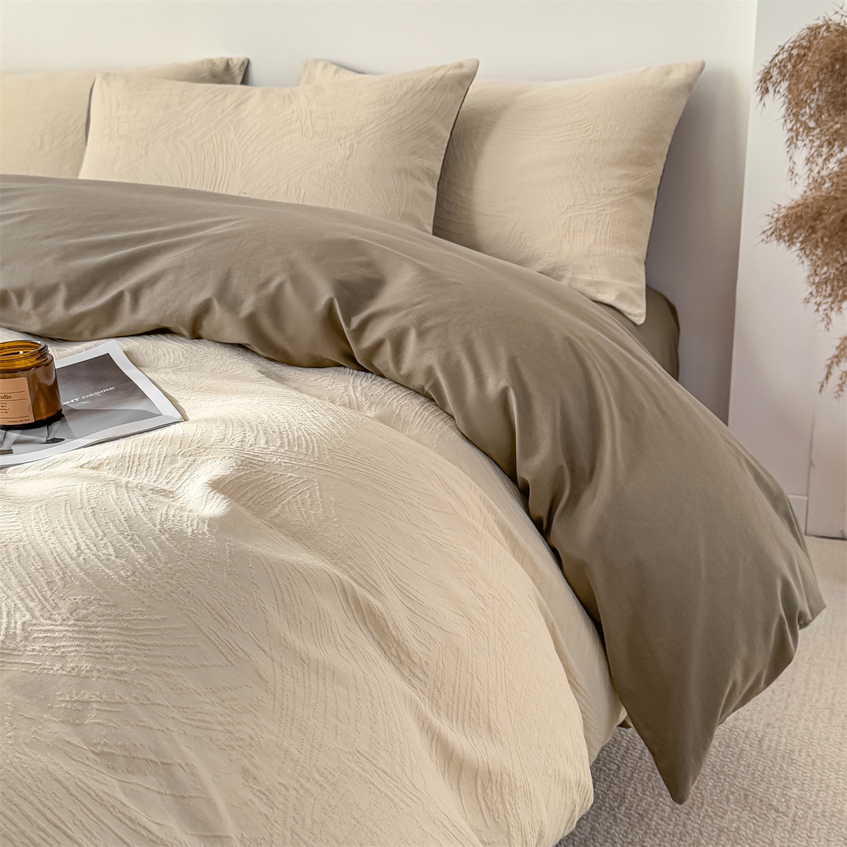 91家纺网 家纺一手货源 找家纺 灰鲸 2026新款全棉纯棉厚织三层水洗色织提花四件套 柔丝漫语-可可奶咖