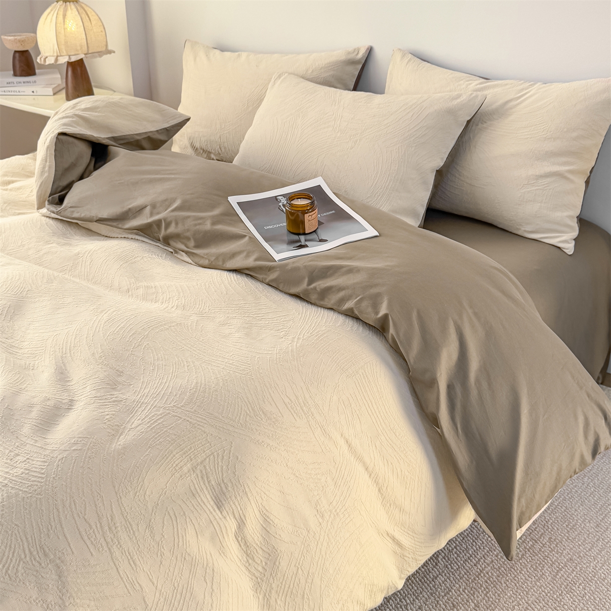 91家纺网 家纺一手货源 找家纺 灰鲸 2026新款全棉纯棉厚织三层水洗色织提花四件套 柔丝漫语-可可奶咖