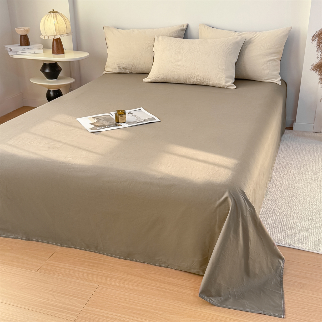 91家纺网 家纺一手货源 找家纺 灰鲸 2026新款全棉纯棉厚织三层水洗色织提花四件套 柔丝漫语-可可奶咖