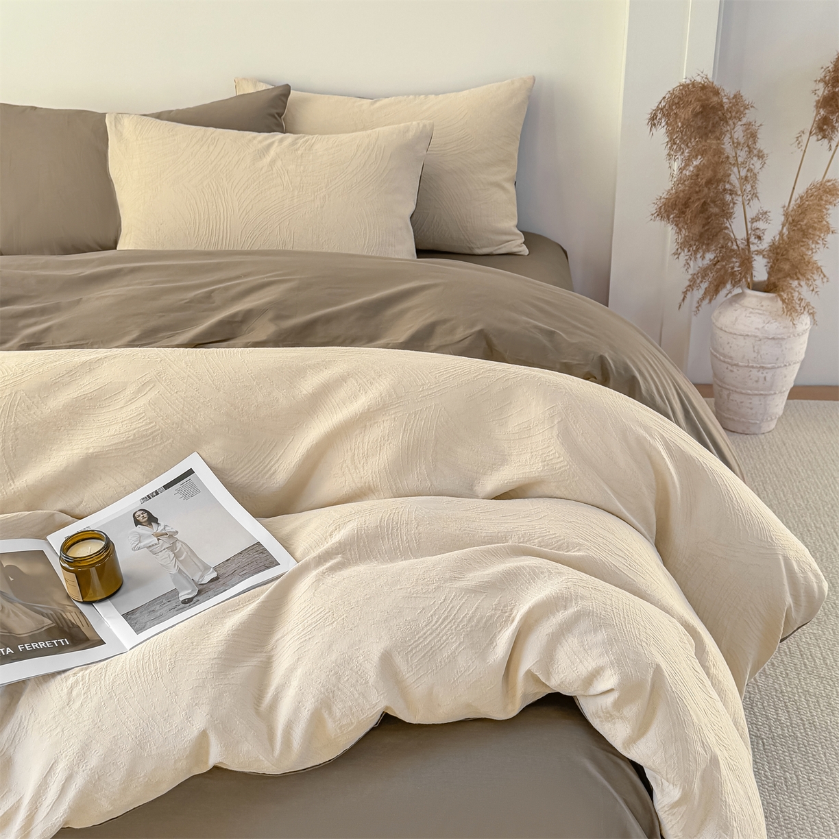 91家纺网 家纺一手货源 找家纺 灰鲸 2026新款全棉纯棉厚织三层水洗色织提花四件套 柔丝漫语-可可奶咖