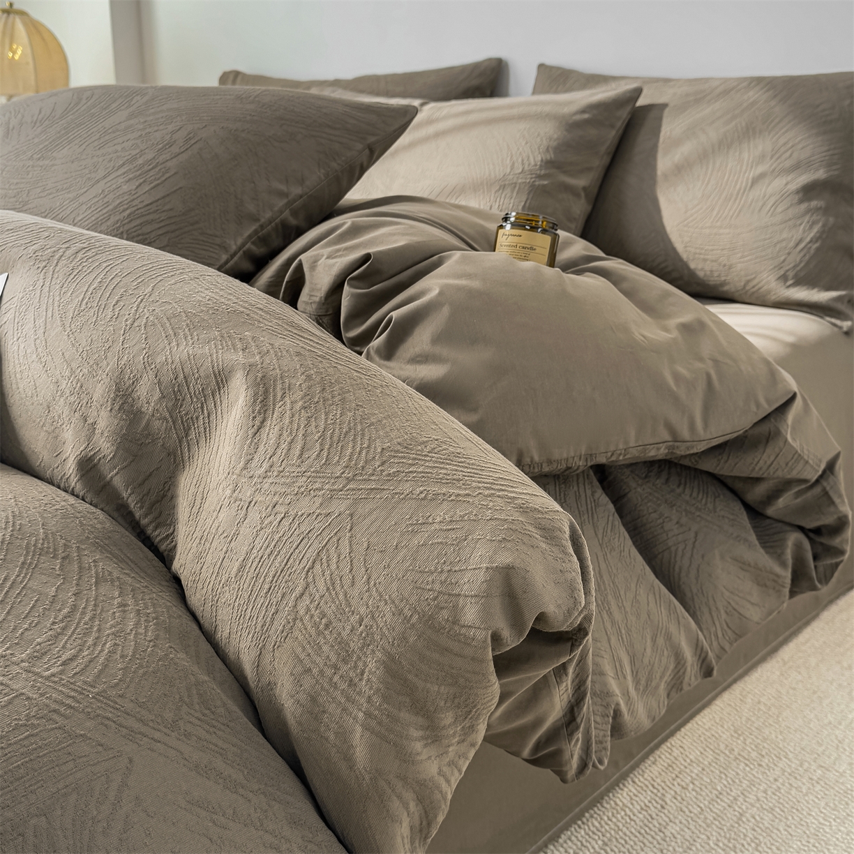 灰鲸 2026新款全棉纯棉厚织三层水洗色织提花四件套 柔丝漫语-摩卡