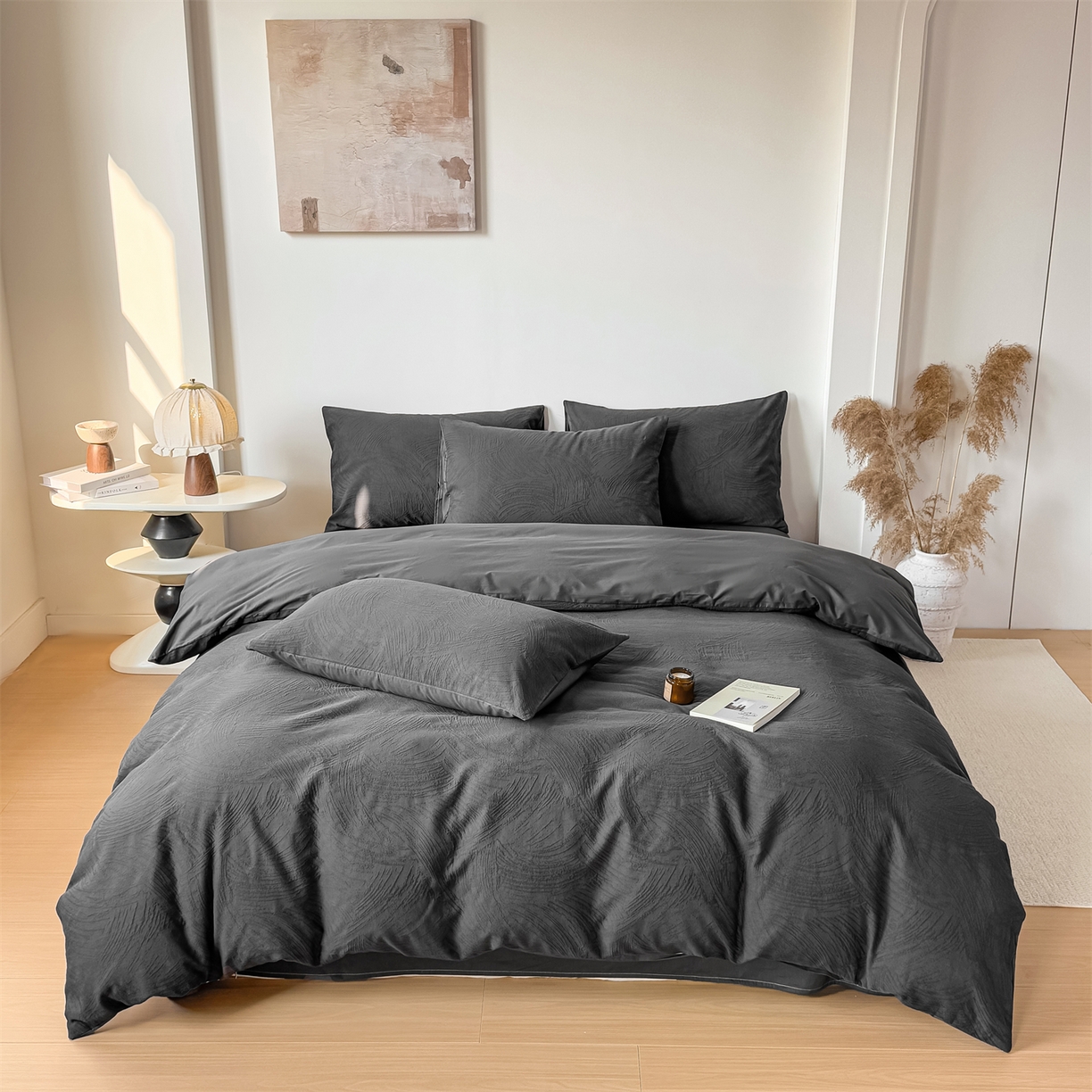 91家纺网 家纺一手货源 找家纺 灰鲸 2026新款全棉纯棉厚织三层水洗色织提花四件套 柔丝漫语-素墨