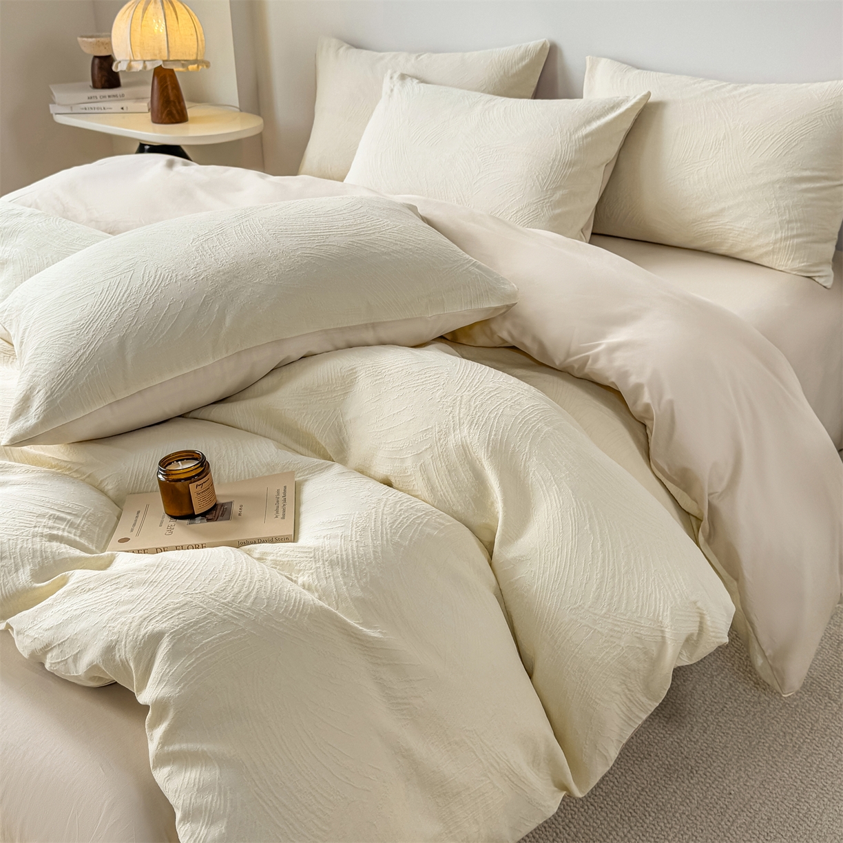 91家纺网 家纺一手货源 找家纺 灰鲸 2026新款全棉纯棉厚织三层水洗色织提花四件套 柔丝漫语-杏仁奶霜