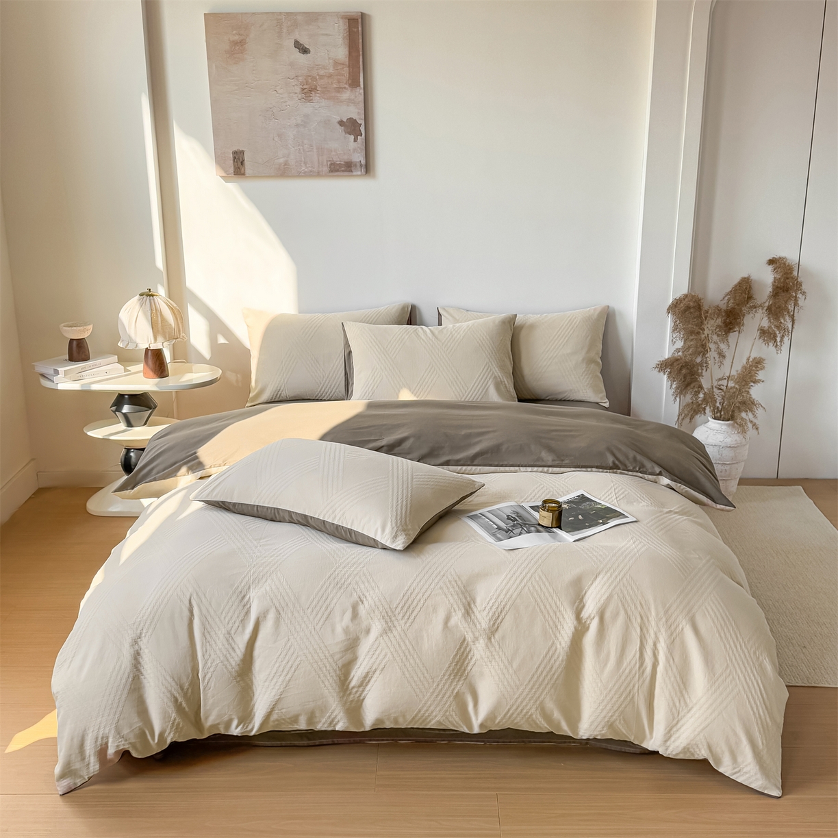 91家纺网 家纺一手货源 找家纺 灰鲸 2026新款全棉纯棉厚织三层水洗色织提花四件套 维希-可可奶咖