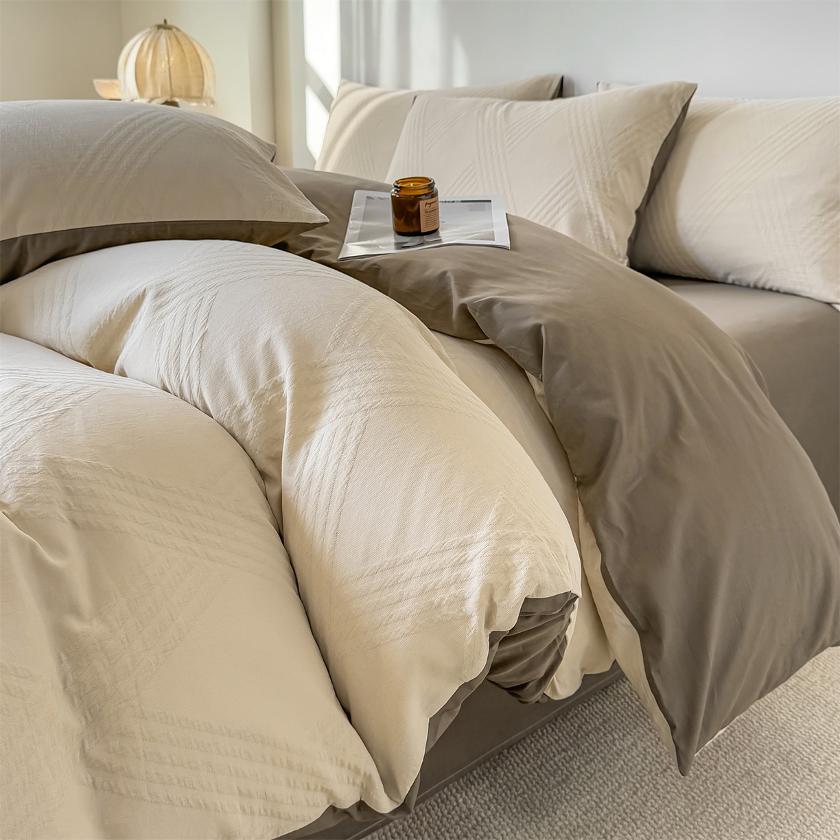 91家纺网 家纺一手货源 找家纺 灰鲸 2026新款全棉纯棉厚织三层水洗色织提花四件套 维希-可可奶咖